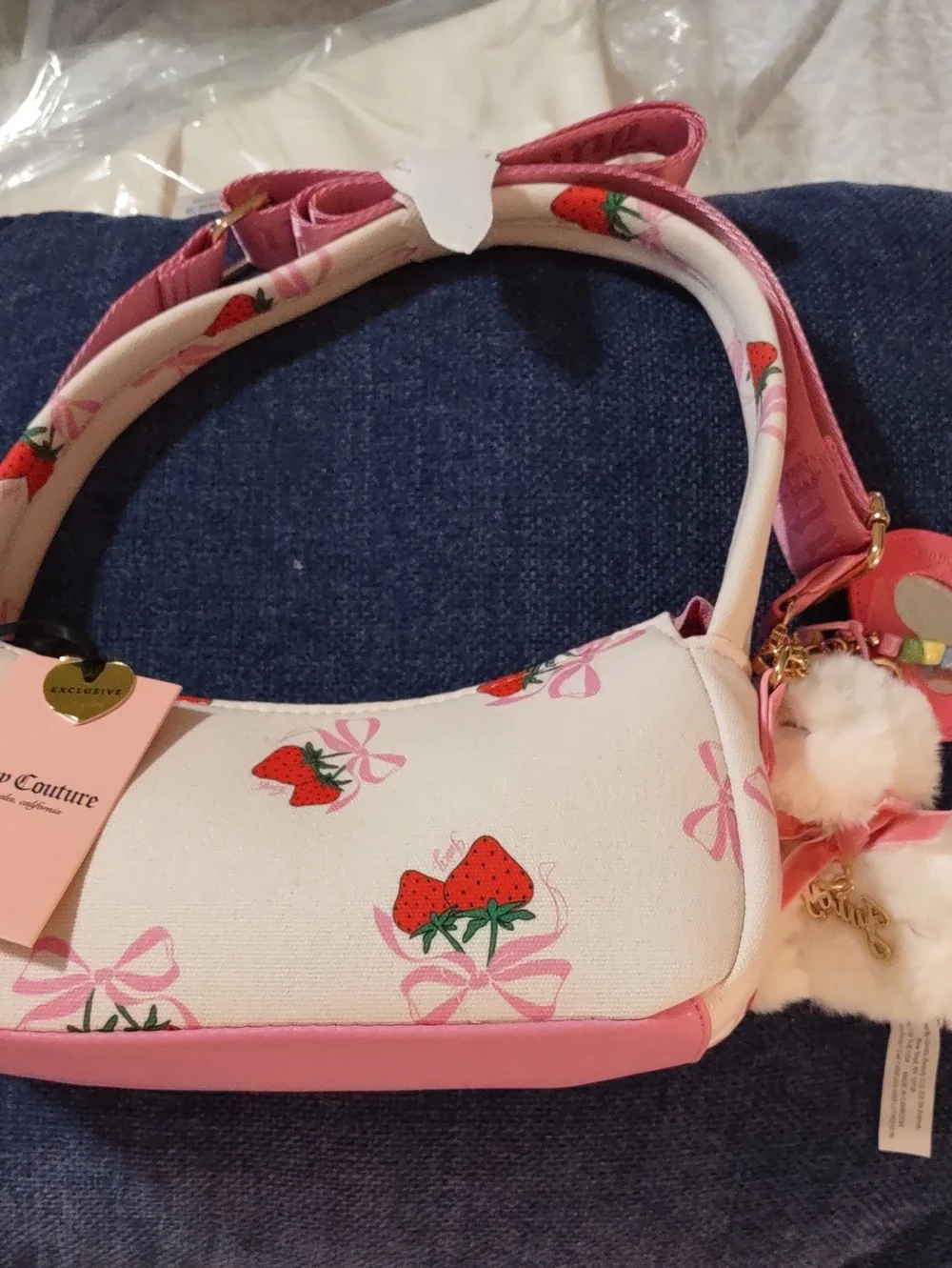 Juicy Couture Strawberry Festival Shoulder Bag Bow Cream Multi NWT Bunny Charm.